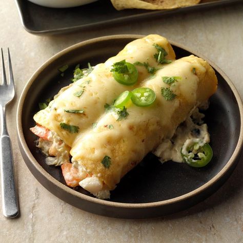 Seafood Enchiladas Recipe, Seafood Enchiladas, Shrimp Enchiladas, Enchiladas Recipe, Cooking Seafood, Enchilada Recipes, Oven Cooking, Food Shows, Quick Cooking