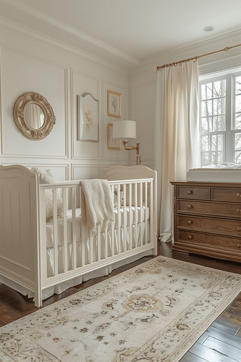 40 Small Neutral Nursery Ideas for Compact Spaces Carpet Nursery Room, Off White Nursery Walls, White And Off White Bedroom, Mallory Ervin Nursery, Vintage White Crib Nursery Ideas, Mix And Match Nursery Furniture, Nursery Book Corner, Nursery Ideas With Bed In Room, 2025 Nursery Trends