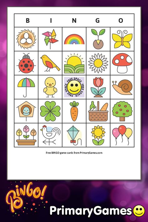 FREE printable Spring BINGO Game. Easy to use - just PRINT and PLAY. Spring picture BINGO cards feature images of Baby Animals, Spring Flowers, Rainbows, Kites and more! Find lots fun BINGO games at PrimaryGames. Bingo Pictures, Picture Bingo, Bingo Books, Free Printable Bingo Cards, Bingo Games For Kids, Valentine Party Game, Spring Picture, Free Bingo Cards, Bingo Sheets