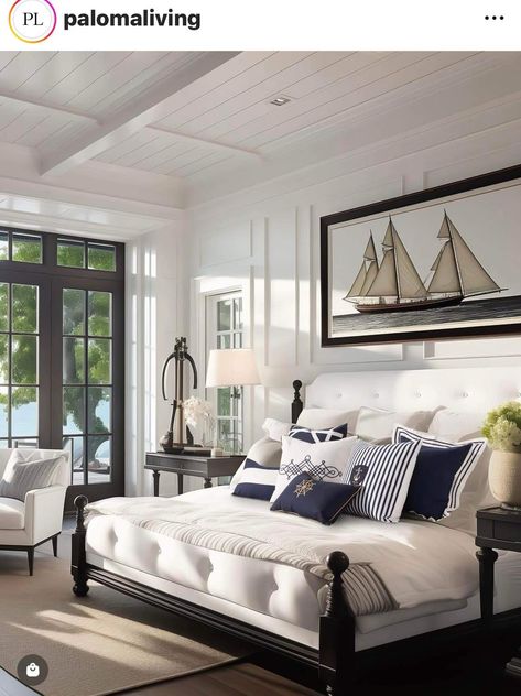 Open Airy Bedroom, Industrial Lake House Decor, Hampton Bedroom Ideas Coastal Style, Men’s Coastal Bedroom, Relaxing Nautical Pottery Barn Bedroom, Navy And White Hotel Bedding, Beach House Bedroom Master Ocean Views, Coastal Guest Tiwn Beds, Spanish Home Decor