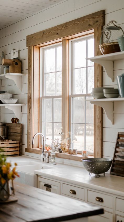 Wooden Window Surround, Wood Frame Around Windows, Farmhouse Window Casing Ideas, Framing Kitchen Window, Modern Wood Window Trim, Coastal Window Trim Ideas, White Window Wood Trim, Kitchen Window Frame Ideas, Wood Trim Kitchen Window