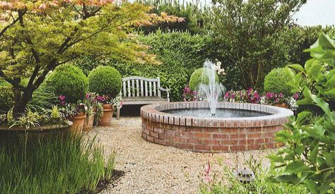 Brick fountain.  Gravel. Cottage Garden Fountain, Brick Fountains, Brick Fountain, Brick Pond, Raised Pond, Fountain Pond, Garden Pond Design, Garden Water Feature, Fountains Backyard