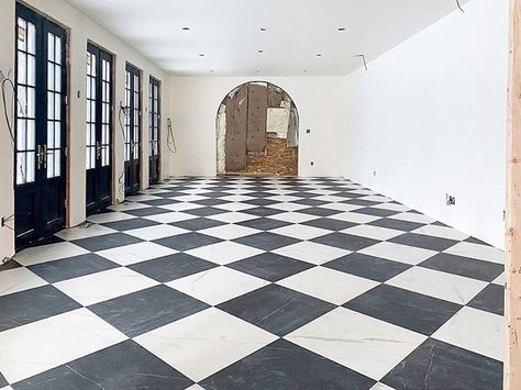 Bedrosians Tile and Stone (@bedrosianstile) • Instagram photos and videos Checkered Floor Tile, Dining Room Floors, Harlequin Floors, Checkerboard Floors, Checkered Floor, Hot Tub Room, Dining Room Floor, Checkerboard Floor, Double Sided Fireplace