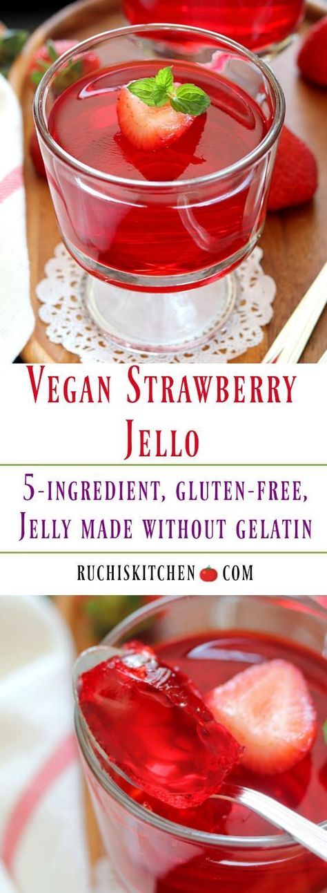 Treat your little ones to this homemade 5 ingredient Vegan Strawberry Jelly. This wiggly jelly is made from fresh fruit juice and contains no additives, colors or preservatives. A fun treat for all ages!! #vegan #veganrecipe #whatveganseat #homemade #yum #veganjelly #homemadejello #homemadeveganjello #homemadeveganjelly Vegan Jello, Homemade Jello, Resep Vegan, Vegan Jelly, Fruit Ideas, Fresh Fruit Juice, Strawberry Jelly, Vegan Kids, Vegan Dessert Recipes