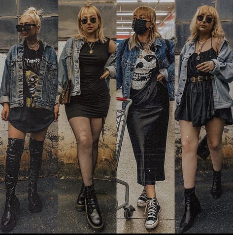 Rocker Girl Outfits, Concert Outfit Fall, Concert Outfit Rock, Rocker Outfit, Rocker Girl, Quoi Porter, Alt Outfits, Vintage Jean Jacket, Sweater Chunky