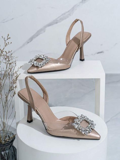 Fashionable Women's Glistening Rhinestone Decorated High Heels | SHEIN USA Shein Shoes High Heels, Champagne Heels, Chunky Pumps, Transparent Heels, Strappy Stilettos, Silver Pumps, Color Champagne, Rhinestone Decor, Ankle Strap Pumps