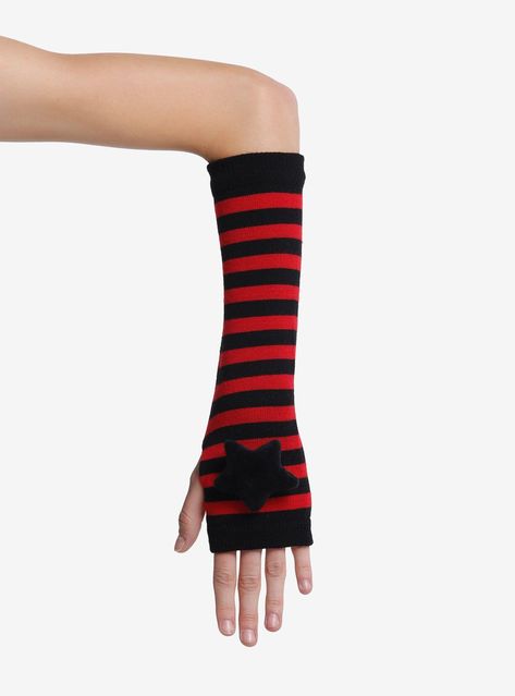 Channel your inner rock star with these knit arm warmers! They feature red & black stripes and a black plush star at the top.95% acrylic; 5% spandexSet of 2Imported Red And Black Arm Warmers, Star Arm Warmers, Crystal Outfit, Gay Clothes, Scene Clothes, Scene Kandi, Knit Arm Warmers, Wolf Drawings, Galaxy Outfit