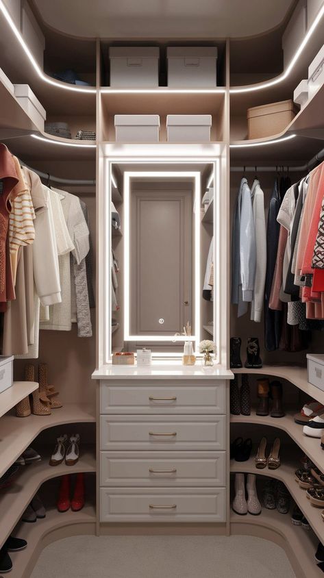 7 Inspiring Ideas to Design the Closet of Your Dreams Master Closet Colors, Built In Closet Ideas Bedroom Walk In, Women’s Closet Design, Closet Drawers Built In, Closet Organization Ideas For Shoes, Simple Closet Designs, Small Walk In Closet With Vanity, Closet Designs Layout, Small Closet Design Layout