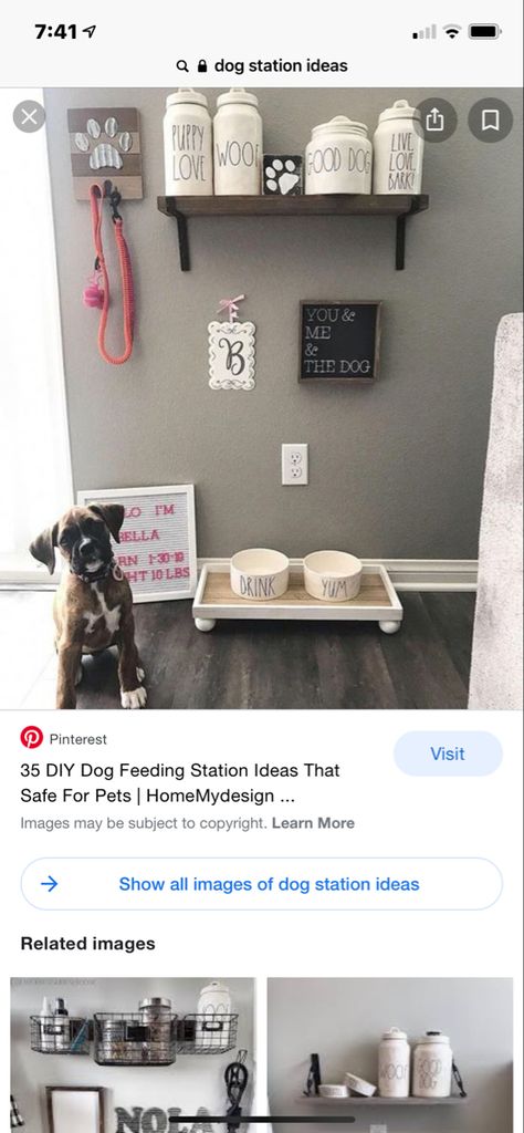 Dog Waste Station For Home, Dog Eating Station Ideas, Pet Food Area In Kitchen, Dog Eating Area Ideas, Dog Food Corner Ideas, Dog Feeding Station Diy, Dog Eating Area, Dog Food Area, Pet Food Area