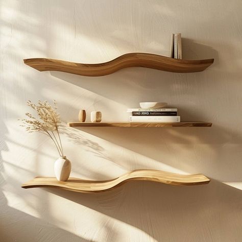 Light Wood Book Shelf, Float Shelves Living Room, Minimalist Wall Shelves, Over Couch Floating Shelves, Office Room Shelves, Modern Nature Interior Design, Nature Apartment Decor, Decorative Shelving Ideas, Driftwood Accent Wall