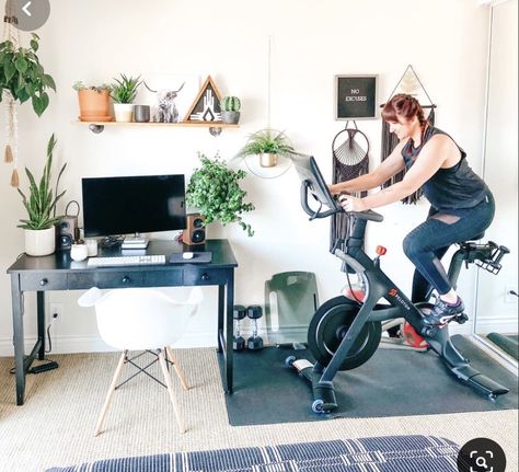 Gym Office Combo, Office And Workout Room Combo, Hairstyle With Short Hair, Home Office Gym Combo, Office/workout Room, Peloton Room Ideas, Peloton Room, Home Office And Gym, Home Gym/office