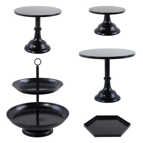 PRICES MAY VARY. 【MATERIAL】Our dessert display set is made of high quality iron metal, crafted of iron in a clean black baking painted finish, stable base, safe and secure use, good weighing, strong and durable; 【PACKAGE SET】5 pieces cake stand, includes: 1*2-Tier cupcake hodler (diameter: 12in, 10in), 1*12in cake stand with base, 1*10in cake stand with base, 1*8in cake stand with base, 1*10in hexagon serving tray; 【DETACHABLE】Cake holder easy to install and disassemble, wash easily and totally Goth Sweet 16, Cake And Cupcake Display, Wood Tiered Stand, 26th Birthday Party, Black Cake Stand, Diy Pumpkin Carving, Elegant Cake Stands, Dessert Tower, Black Cupcakes