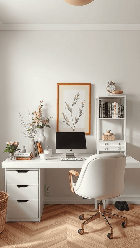 Transform a corner of your bedroom into a feminine home office with blush tones, gold decor, and floral prints for a productive and pretty setup. Home Office Desk In Bedroom, Bedroom With Office Space Ideas, White Desk In Bedroom, Small Home Office With Standing Desk, Work Desk Ideas Office, Home Corner Office Ideas, Home Office Inspo Decor, Work Desk In Bedroom, Office With White Desk