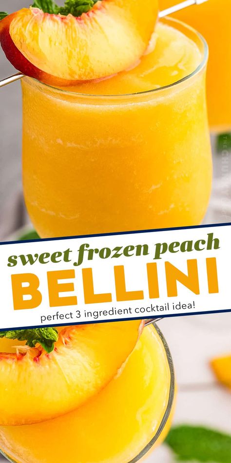 Frozen Peach Lemonade Slush, Frozen Peach Bellini Recipe, Bellini Cocktail Recipes, Peaches Recipes, Peach Bellini Recipe, Frozen Peach Bellini, Frozen Drinks Alcohol, Liquid Therapy, The Chunky Chef