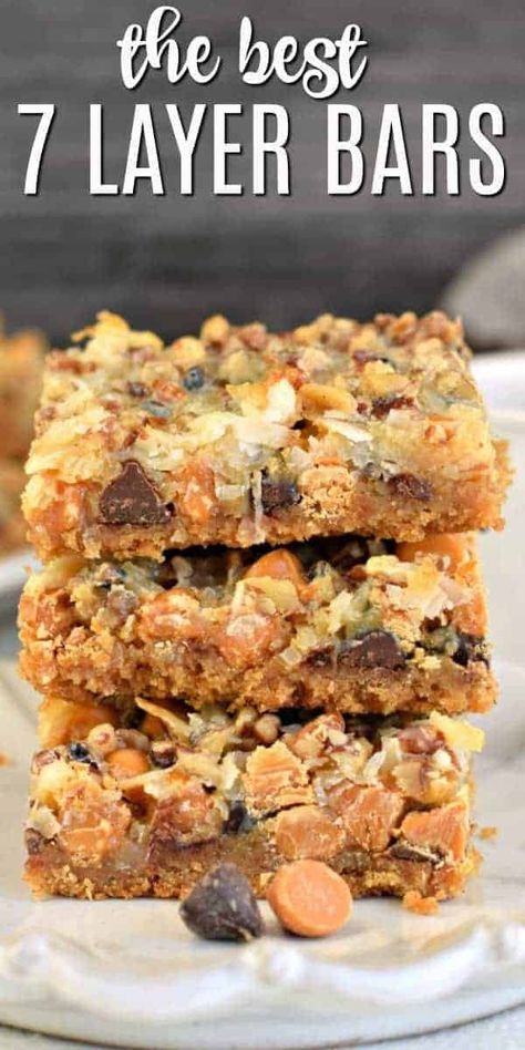 7 Layer Cookie Bars Recipe topped with coconut, pecans, chocolate and butterscotch. You'll love this easy Magic Bar recipe any time of year! Layer Cookie Bars, Seven Layer Cookies, 7 Layer Cookies, Easy Bars, Magic Bars Recipe, Magic Cookie Bar Recipe, 7 Layer Bars, Easy Bar Recipes, Magic Cookie Bars