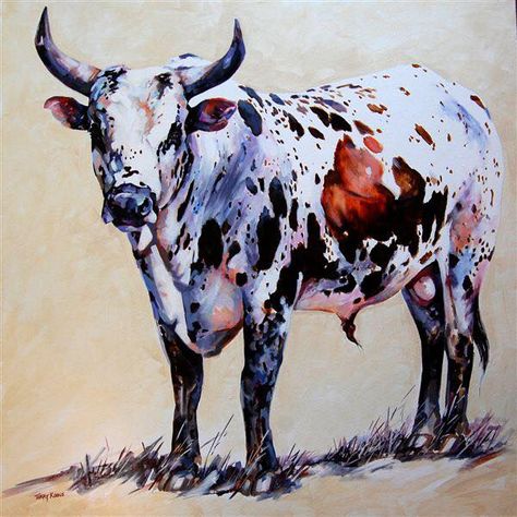 Nguni Cows, Nguni Cattle, Farm Animal Painting, Bull Painting, Longhorn Cattle, Bull Art, Tri Colour, South African Artists, African Artists