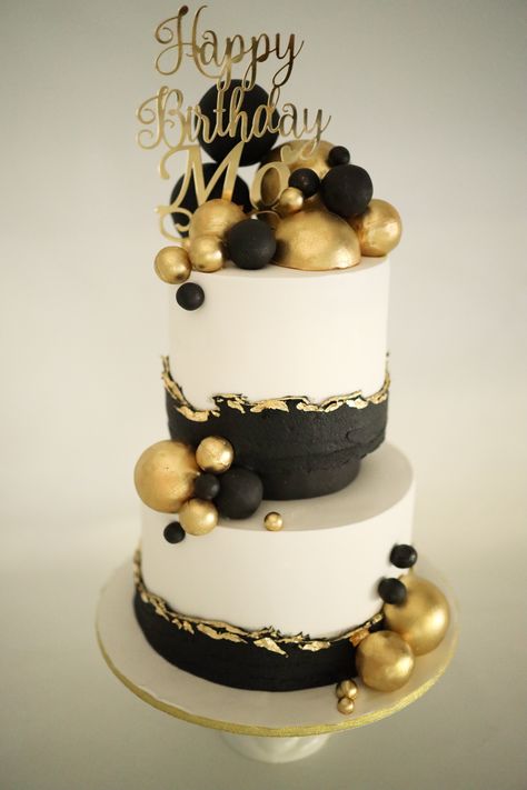 Black White And Gold 40th Birthday Cake, 2 Tier Black And White Cake, Black White And Gold 18th Birthday Cake, Black And Gold 50th Anniversary Cake, Black Gold Cake Design, Black White Gold Cake For Men, Black White And Gold 40th Birthday Party, Black And Gold 2 Tier Birthday Cake, Black And Gold 50th Birthday Cake For Men