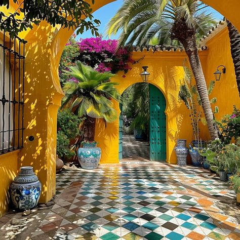 Persian Courtyard, Moorish Garden, Moroccan Art Painting, Moorish Spain, Morocco Decor, Hacienda Homes, Courtyard Gardens, Morocco Marrakech, House Facades