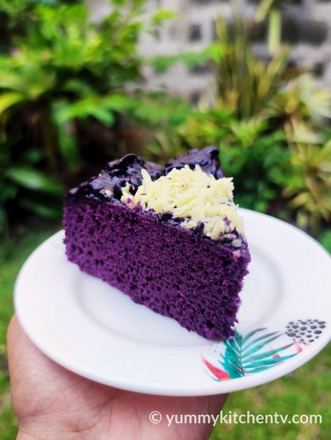 Ube Condensed Milk Cake (No-Oven) - Yummy Kitchen Ube Condensed Milk Cake, Recipes With Ube Sweetened Condensed Milk, Ube Condensed Milk Dessert, Ube Pound Cake Recipe, Ube Birthday Cake, Fresh Ube Recipes, Gluten Free Ube Cake, Ube Sweetened Condensed Milk Recipe, Ube Sweetened Condensed Milk