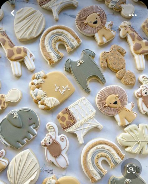 Boho Animal Baby Shower Ideas, Animal Themed Baby Shower Ideas, Animal Theme Baby Shower Ideas, Zoo Themed Baby Shower Ideas, Boho Safari Baby Shower Ideas, Jungle Baby Shower Cookies, Safari Baby Cookies, Safari Baby Shower Cookies, Jungle Theme Baby Shower Ideas