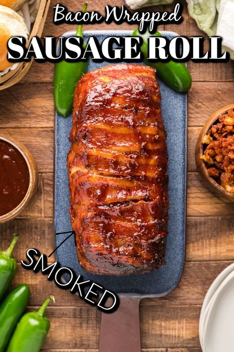 Smoked Stuffed Sausage, Smoked Fatty Recipes, Smoked Bacon Wrapped Meatballs, Smoked Bacon Wrapped Chicken, Bacon Wrapped Meatloaf On Smoker, Smoked Fatty Sausage, Sausage Meatloaf, Bacon Wrapped Sausages, Bacon Wrapped Conecuh Sausage