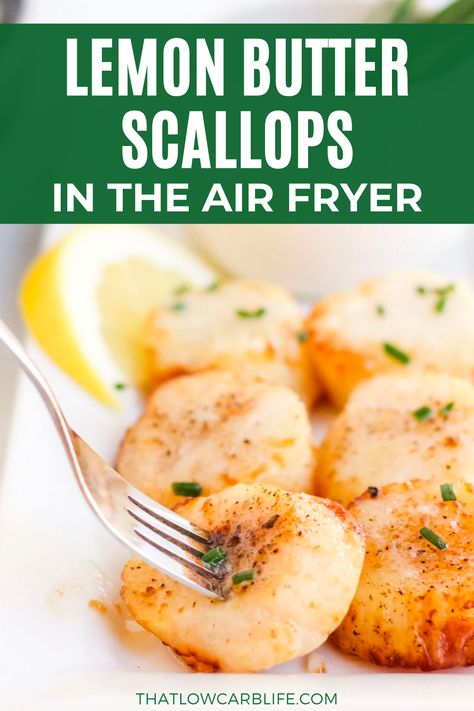 Lemon butter scallops on white plate with fork. Scallops Air Fryer, Air Fryer Scallops, Lemon Butter Scallops, Healthy Airfryer, Easy Scallop Recipes, Scallop Recipe, Butter Scallops, Keto Seafood, Air Fryer Fish