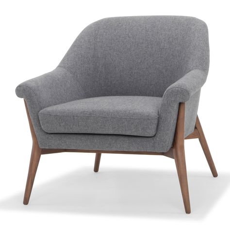 Dimensions: 34L x 32W x 32.5H in.. Seat: 18.5H in.. Wood frame, fabric upholstery. Choice of available upholstery colors. Rolled arms. Tight back and seat. Welted trim. Mid-century flared posts legs of ash wood in walnut. Flared, tapering wood post legs provide stylish support for the Nuevo Charlize Lounge Chair. This chic lounge chair has a mid-century look made luxurious by its generous seating. It's upholstered in your choice of available fabric color. Design details include the dramatic fram Grey Occasional Chair, Modern Occasional Chairs, Shale Grey, Single Seat Sofa, Mini Sofa, Single Seater, Eames Chairs, Occasional Chair, Modern Rustic Interiors