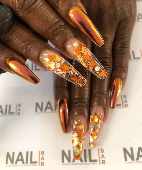 Fall Nails Ideas Autumn Orange, Brown And Orange Fall Nails, Fall Nail Designs Orange And Brown, Pumpkin Spice Nails Acrylic, Orange Glitter Nails Fall, Brown And Orange Glitter Nails, Fall Thanksgiving Nails, Orange Acrylic Nails, Brown Acrylic Nails