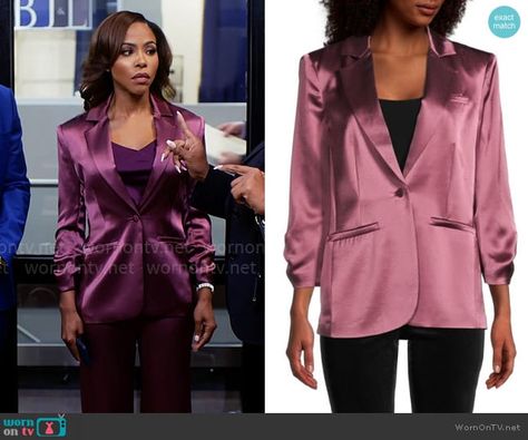 Andi’s purple satin suit on Tyler Perrys Sistas.  Outfit Details: https://wornontv.net/447638/ Andi Sistas, Purple Satin Suit, Kj Smith, Paris Family, Satin Suit, Kimmy Schmidt, Unbreakable Kimmy Schmidt, Lilly Singh, Tyler Perry