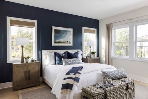 ::: — Real Design Pros Shiplap Bedroom, Cozy Farmhouse Bedroom, Navy Blue Bedrooms, Farmhouse Bedroom Decor Ideas, Blue Accent Walls, Nautical Bedroom, Modern Farmhouse Bedroom, Accent Wall Bedroom, Wall Bedroom