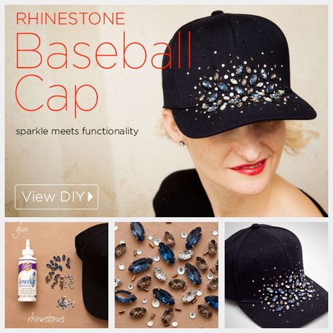 DIY Rhinestone Baseball Cap Tutorial by www.trinketsinbloom.com  if i ever have to wear a baseball cap. may as well make it rock Rhinestone Baseball Cap, Diy Rhinestone Crafts, Bone Bordado, Jewels Diy, Diy Fashion Projects, Rhinestone Projects, Rhinestone Crafts, Diy Rhinestone, Cap Designs