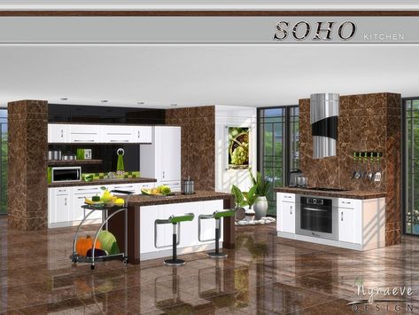 Soho Kitchen - The Sims 4 Catalog Sims4cc Kitchen, Sims Kitchen, Sims 4 Kitchen, Rustic Counter, Die Sims 4, Cc Folder, Cc Furniture, House Items, Play Sims