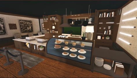 Bloxburg House Ideas Restaurant, Bloxburg Hotel Kitchen Ideas, Roblox Bloxburg Small Cafe Ideas, Bloxburg Bakery Interior Ideas, Cafe Kitchen Design Bloxburg, Blox Burg Restaurant, Bloxburg Restaurant Kitchen Ideas, Gym Build Bloxburg, Cafe Bloxburg Ideas Inside