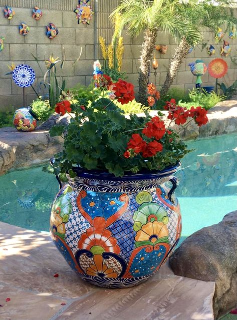 Talavera Pottery Garden Ideas, Talavera Backyard, Talavera Patio, Talavera Pottery Garden, Mexican Pots, Talavera Garden, Mexican Pottery Decor, Mexican Flower Pots, Latin Decor