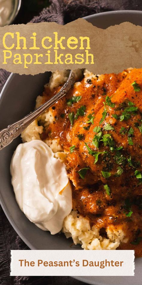 Hungarian Chicken Paprikash Recipe, Chicken Paprikash Recipe Crockpot, Authentic Chicken Paprikash, Easy Chicken Paprikash Recipe, Chicken Peperkash, Crockpot Chicken Paprikash, Chicken Paprikash Slow Cooker, Saucy Chicken Recipes, Peasant Recipes