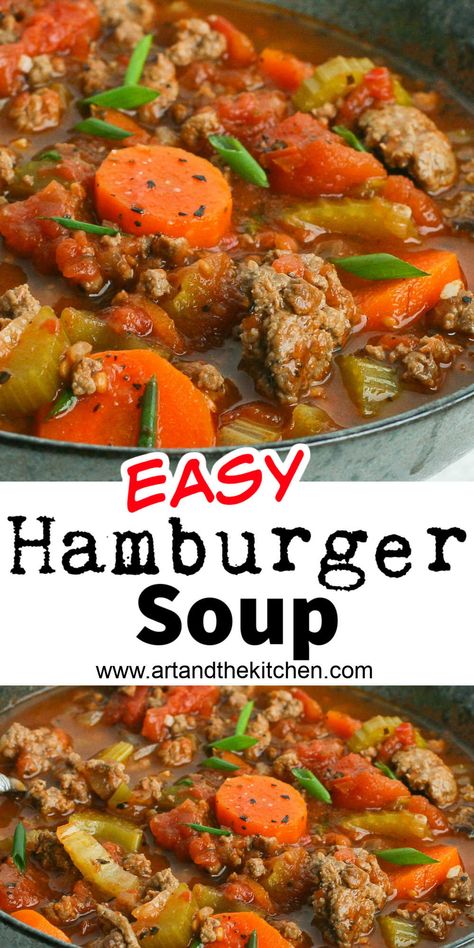 Easy Hamburger Soup is simple and quick to make with lean ground beef and a combination of savory spices. This basic soup recipe is great to put your own twist on by adding a variety of vegetables, pasta, potatoes or even rice. via @artandthekitch Jennifer Goodwin, Basic Soup Recipe, Easy Hamburger Soup, Hamburger Vegetable Soup, Crockpot Soups, Vegetables Pasta, Bread Dipping, Beef Soup Recipes, Soup With Ground Beef