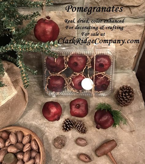 Pomegranates-dried, color-enhanced for decorating and crafting. Perfect for rustic, primitive, farmhouse, country Christmas decorations! All-natural, not plastic or fake! Available in bulk or gifting packaging. Available at ClarkRidgeCompany.com How To Dry Pomegranates For Decoration, Pomegranate Christmas Decor, Colonial Fall Decor, Dried Pomegranates, Gifting Packaging, Pomegranate Decor, Home Christmas Tree, Orange Clove, Country Christmas Decorations