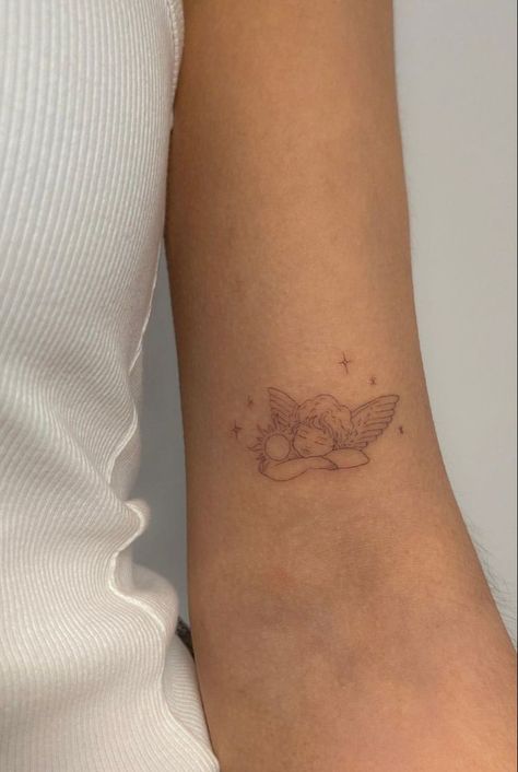 Cute Tattoo On Collar Bone, Innocence Tattoo Ideas, Dainty Pretty Tattoos, Young Hearts Run Free Tattoo, Fine Line Person Tattoo, Tattoo That Represents Love, Dainty Sticker Sleeve, Fineline Angel Tattoo, Light Grey Tattoo