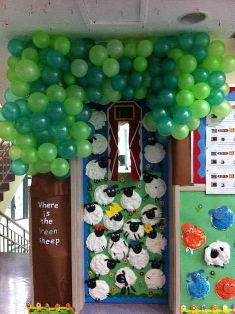 Sheep Classroom Decor, Book Week Door Decorations, Book Week Door Displays, Book Week Door, Tree Bulletin Board Ideas, Where Is The Green Sheep, Tree Bulletin Board, Classroom Door Displays, Balloon Tree