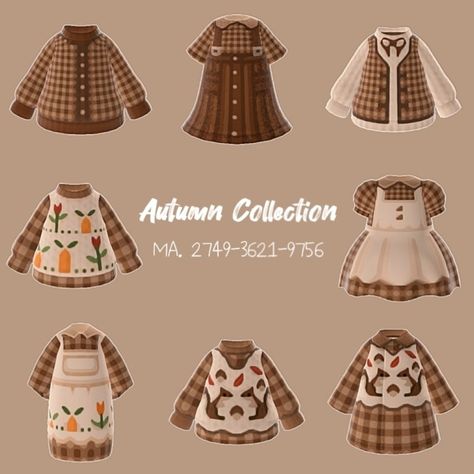 Fall Outfit Animal Crossing, Acnh Farm Outfit, Brown Animal Crossing Villagers, Cute Fall Animal Crossing Outfits, Acne Clothing Codes, Acnh Cottagecore Clothes Codes, Acnh Dark Academia Clothing, Acnh Fall Outfits, Animal Crossing Aesthetic Clothes