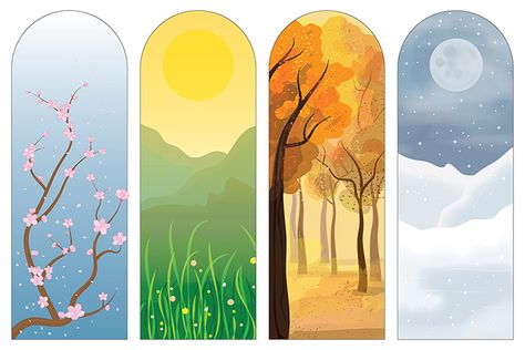 Four Seasons Aesthetic Art, Summer And Winter Drawing, 4 Seasons Drawing Ideas, 4 Seasons Mural, Four Seasons Art Ideas, The 4 Seasons Art, Spring Summer Autumn Winter Art, 4 Season Illustration, 4 Seasons Illustration