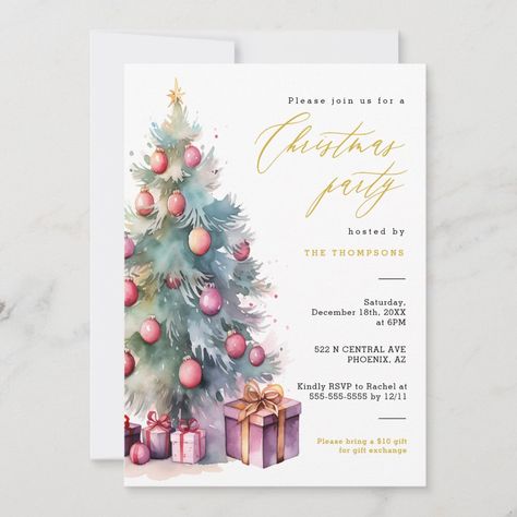 Elegant Holiday Party, Christmas Tree Party, Dinner Party Invitations, Watercolor Christmas Tree, Holiday Christmas Party, Christmas Dinner Party, Elegant Christmas Trees, Gold Holiday, Christmas On A Budget