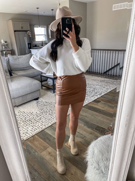 Chelsea Boots And Dress Outfit, Chelsea Boots And Dress, Leather Mini Dress Outfit, Brown Leather Dress Outfit, Dress With Chelsea Boots, Boots And Dress Outfit, Outfit Ideas With Boots, Leather Dress Outfit, White Sweater Outfit