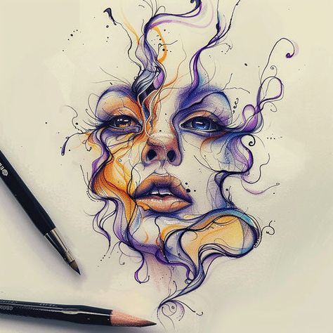 Versatile Neda Tattoo Sketches Ink Digital Art, Colored Charcoal Art, Colored Ink Drawings, Book Leg Tattoo, Split Face Drawing, Face Drawing Color, Color Pencil Art Drawings, Neda Tattoo, Drawings With Charcoal