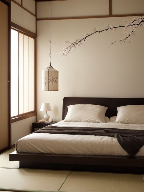 Create a serene atmosphere with a Japanese-inspired bedroom artwork, such as a beautiful cherry blossom painting or a minimalist calligraphy piece. Complete the look with a low platform bed, tatami mats, and paper lanterns for an authentic touch. Minimalist Calligraphy, Low Platform Bed, Japanese Bedroom, Blossom Painting, Cherry Blossom Painting, Bedroom Artwork, Bedroom Art, Paper Lanterns, Platform Bed