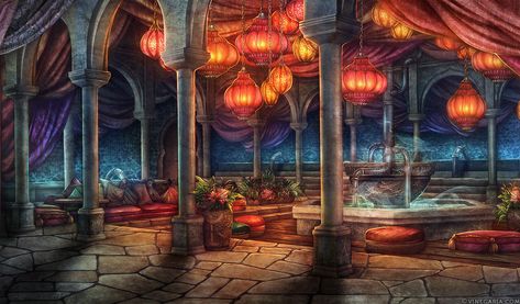 Arabian Palace, Anime Places, Fantasy Castle, Fantasy Setting, Fantasy Places, Arabian Nights, Fantasy Inspiration, Bath House, Visual Novel