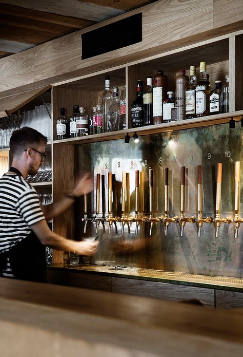 snøhetta renovates restaurant interiors at noma's former home in copenhagen Beer Taps Design, Taphouse Design, Brewery Interior Design, Greece Restaurant, Bar Reference, Copenhagen Restaurant, Back Bar Design, Beer Station, Bar Deco