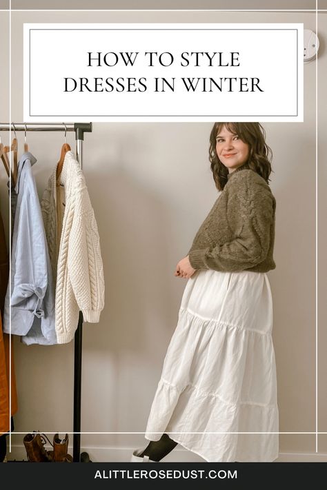 Ways To Wear Dresses In The Winter, Dresses During Winter, Smock Dress Outfit Winter, Cardigan Over Maxi Dress, White Sweater Over Dress, Chambray Dress Outfit Winter, Warm Winter Dress, Style Dresses For Winter, Dresses For Winter Casual