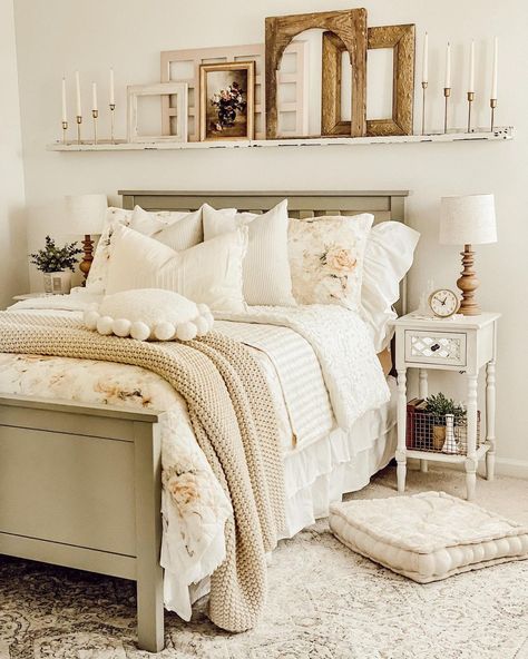 Shelf Above Bed Decor, French Cottage Bedroom, Shelf Above Bed, Bedroom Wall Decor Above Bed, Wall Decor Above Bed, Floating Shelves Bedroom, Farmhouse Bedroom Decor Ideas, Decor Above Bed, White Floating Shelves