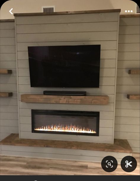 Mantle Above Electric Fireplace, Electric Fireplace Wall Ideas Tile, Farmhouse Gas Fireplace With Tv, Electric Fireplace With Mantle Corner, Wood Wall With Fireplace And Tv, Wood Shiplap Tv Wall, Built In Fireplace And Tv Shiplap, Shiplap Wall Living Room With Tv Fireplace, Wall Mounted Tv With Mantel